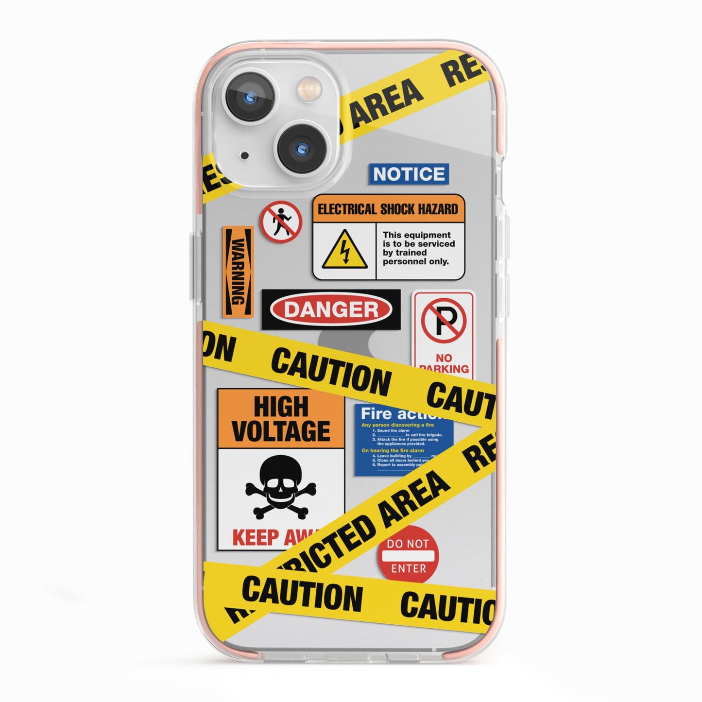 Caution Stickers iPhone 13 TPU Impact Case with Pink Edges