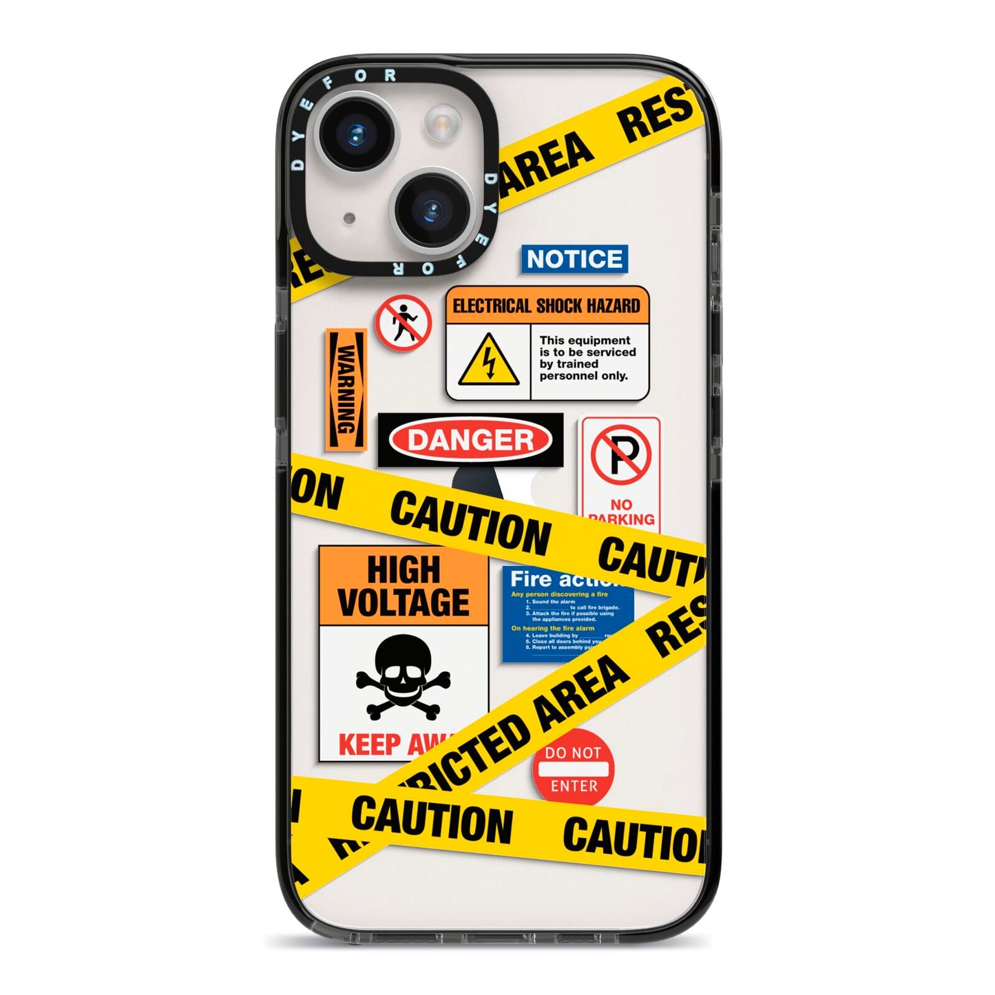 Caution Stickers iPhone 14 Black Impact Case on Silver phone