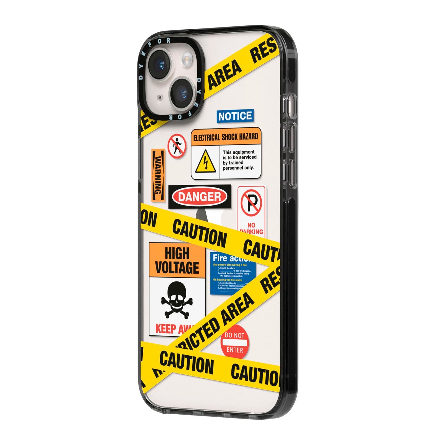 Caution Stickers iPhone 14 Plus Black Impact Case Side Angle on Silver phone