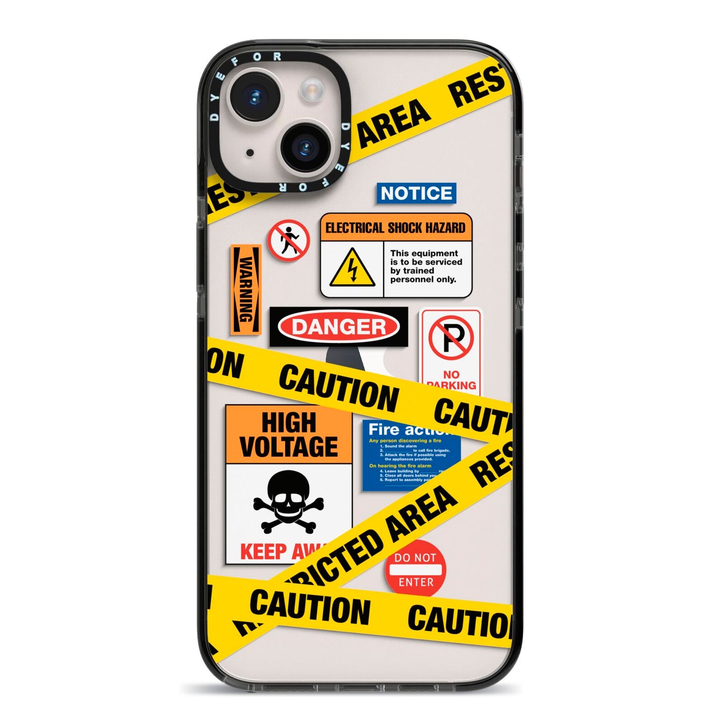 Caution Stickers iPhone 14 Plus Black Impact Case on Silver phone