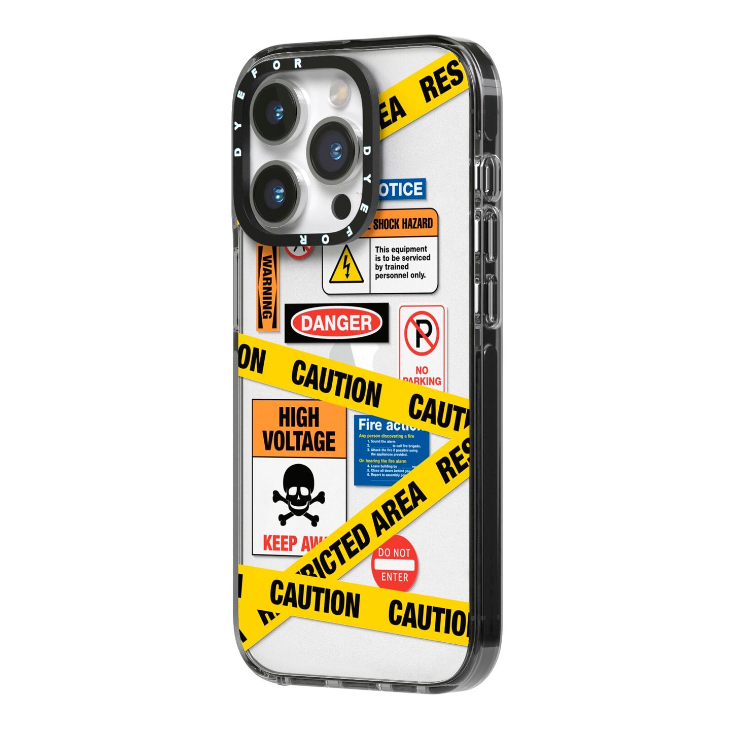 Caution Stickers iPhone 14 Pro Black Impact Case Side Angle on Silver phone