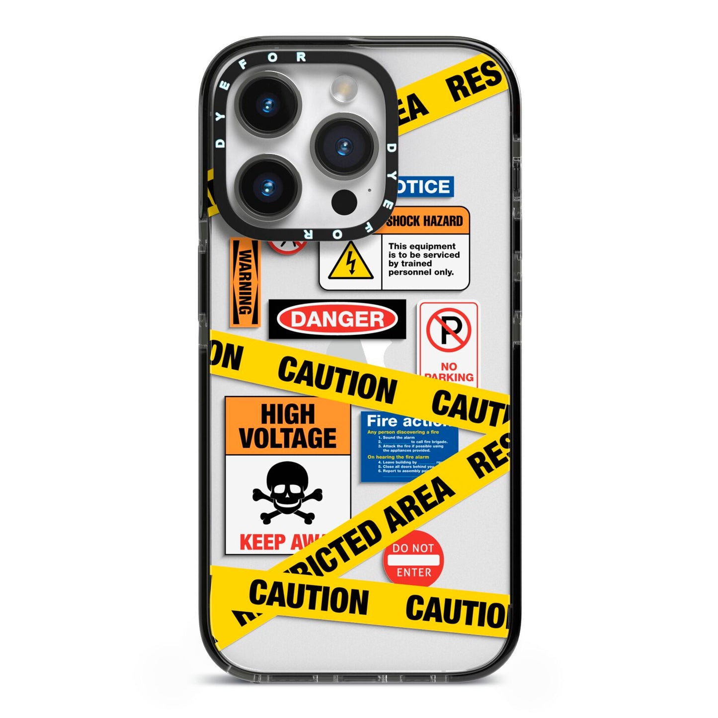 Caution Stickers iPhone 14 Pro Black Impact Case on Silver phone