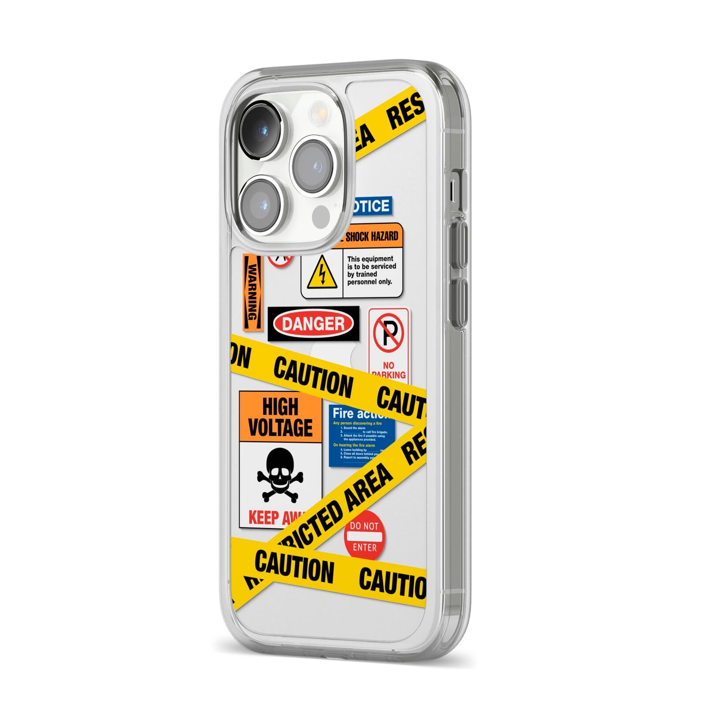 Caution Stickers iPhone 14 Pro Clear Tough Case Silver Angled Image