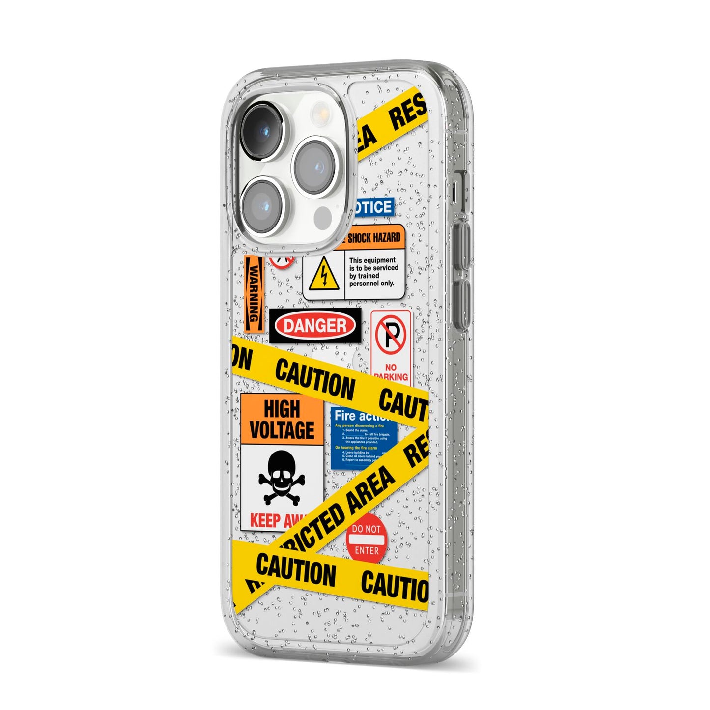 Caution Stickers iPhone 14 Pro Glitter Tough Case Silver Angled Image