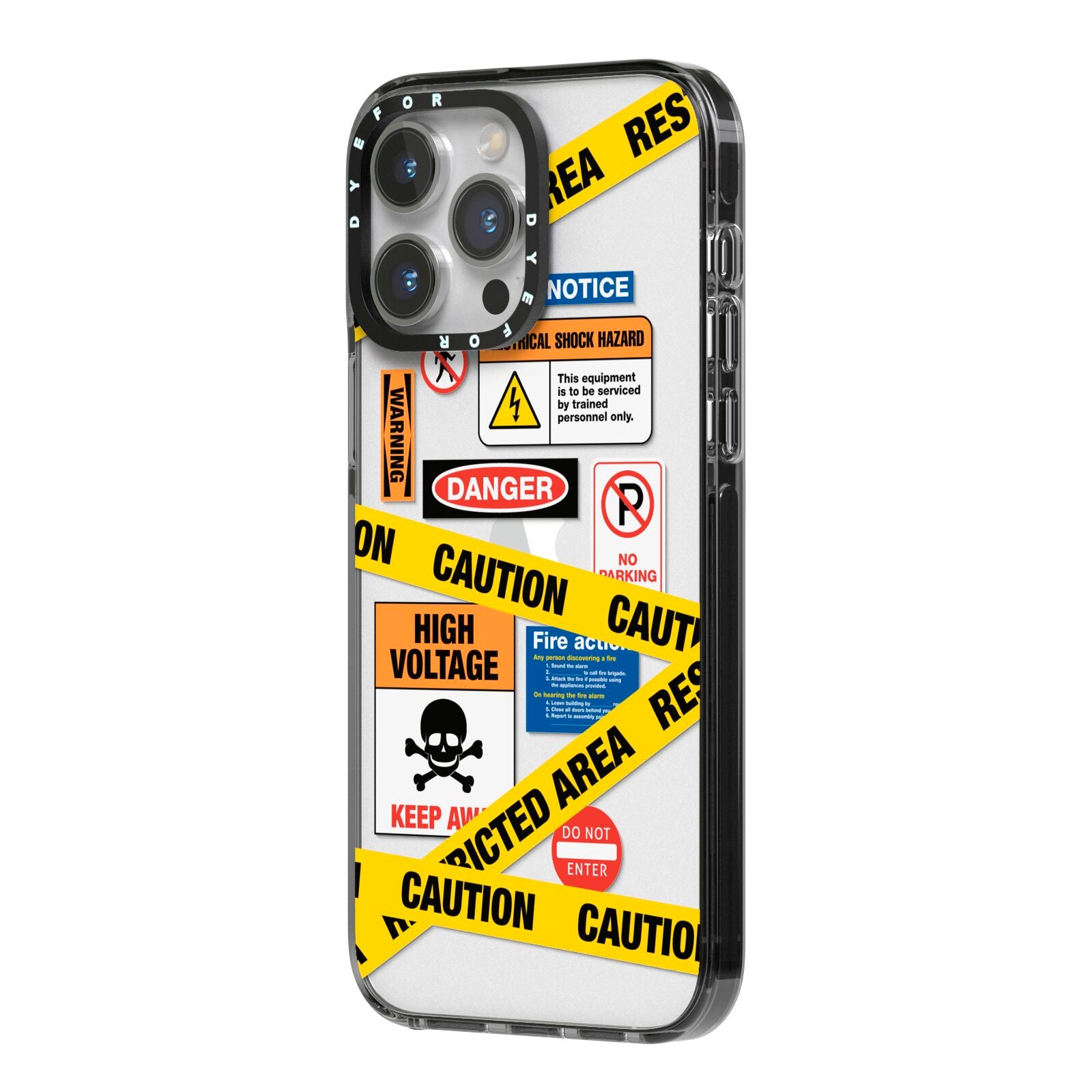 Caution Stickers iPhone 14 Pro Max Black Impact Case Side Angle on Silver phone