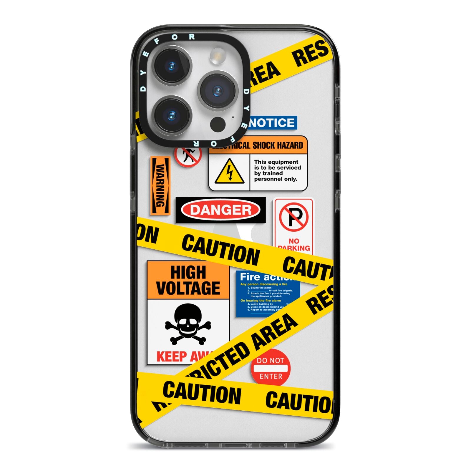 Caution Stickers iPhone 14 Pro Max Black Impact Case on Silver phone