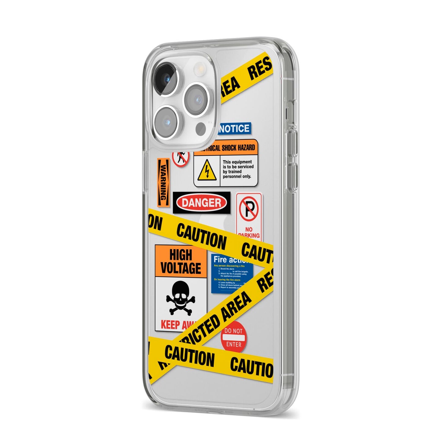 Caution Stickers iPhone 14 Pro Max Clear Tough Case Silver Angled Image