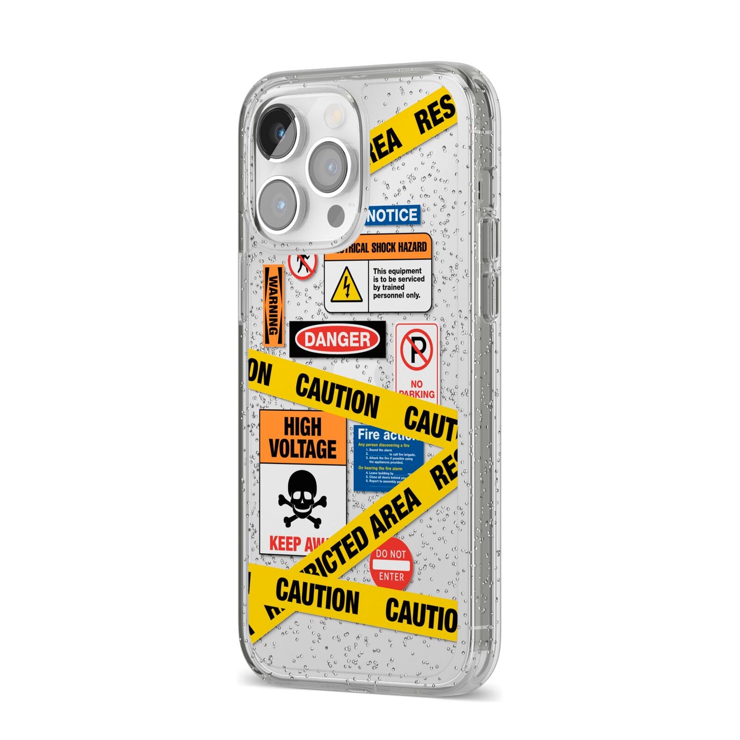 Caution Stickers iPhone 14 Pro Max Glitter Tough Case Silver Angled Image