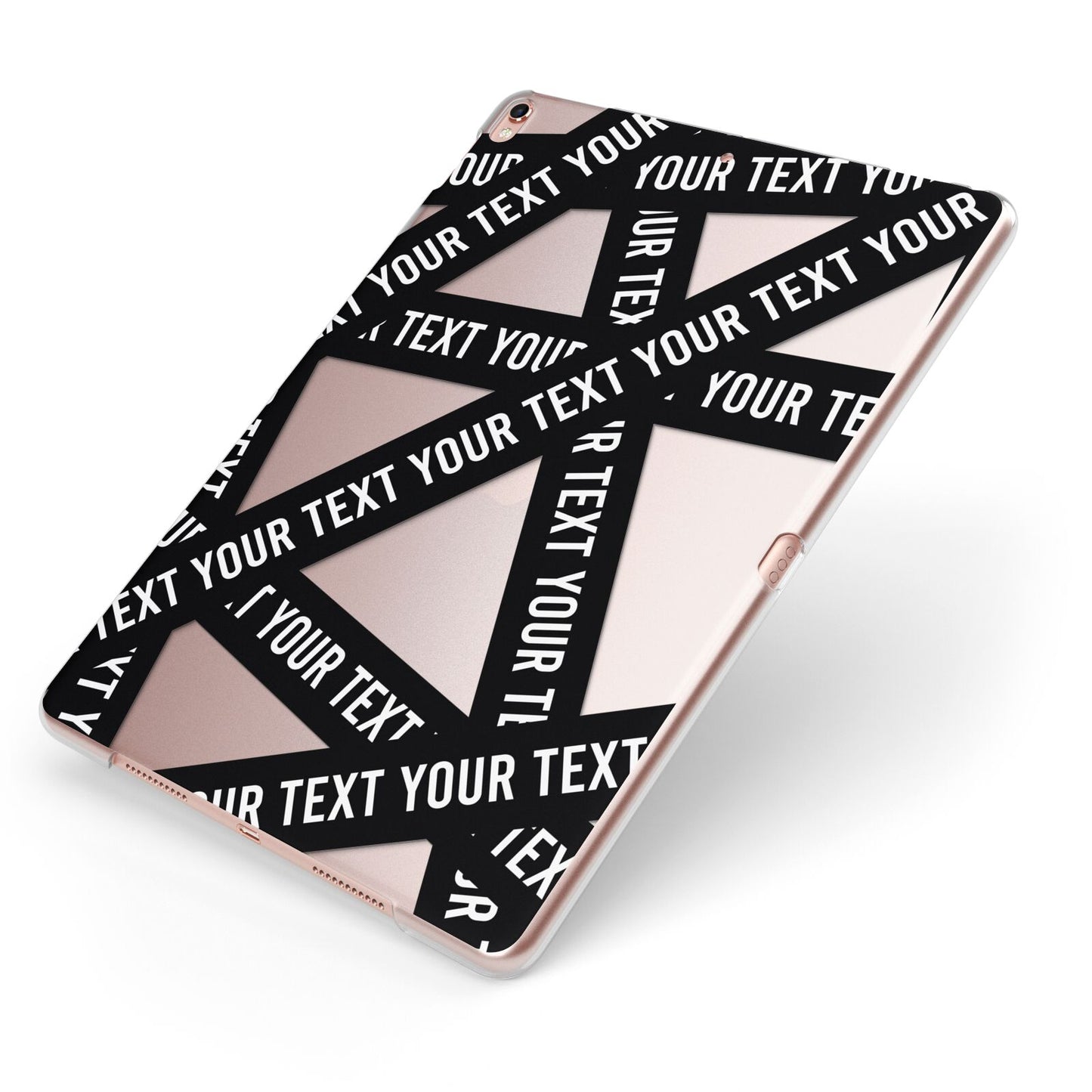 Caution Tape Custom Phrase Apple iPad Case on Rose Gold iPad Side View