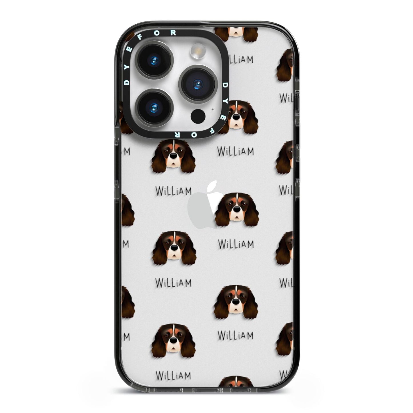 Cavalier King Charles Spaniel Icon with Name iPhone 14 Pro Black Impact Case on Silver phone