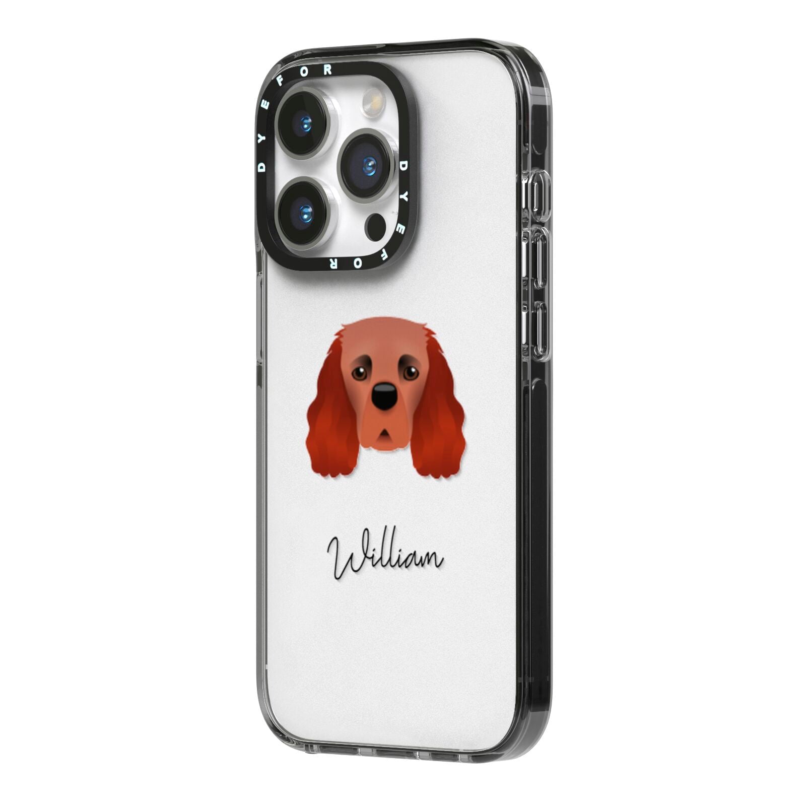 Cavalier King Charles Spaniel Personalised iPhone 14 Pro Black Impact Case Side Angle on Silver phone