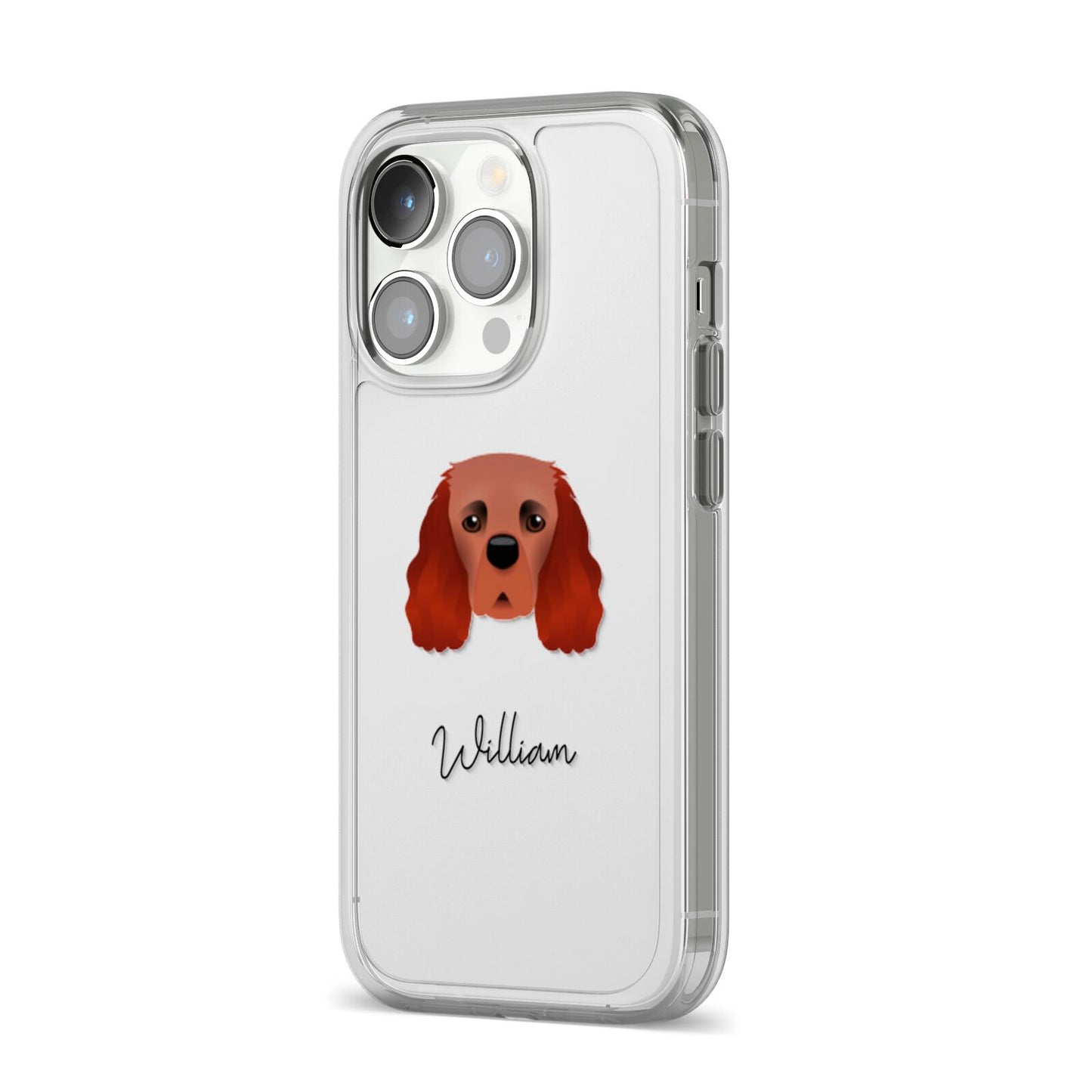 Cavalier King Charles Spaniel Personalised iPhone 14 Pro Clear Tough Case Silver Angled Image