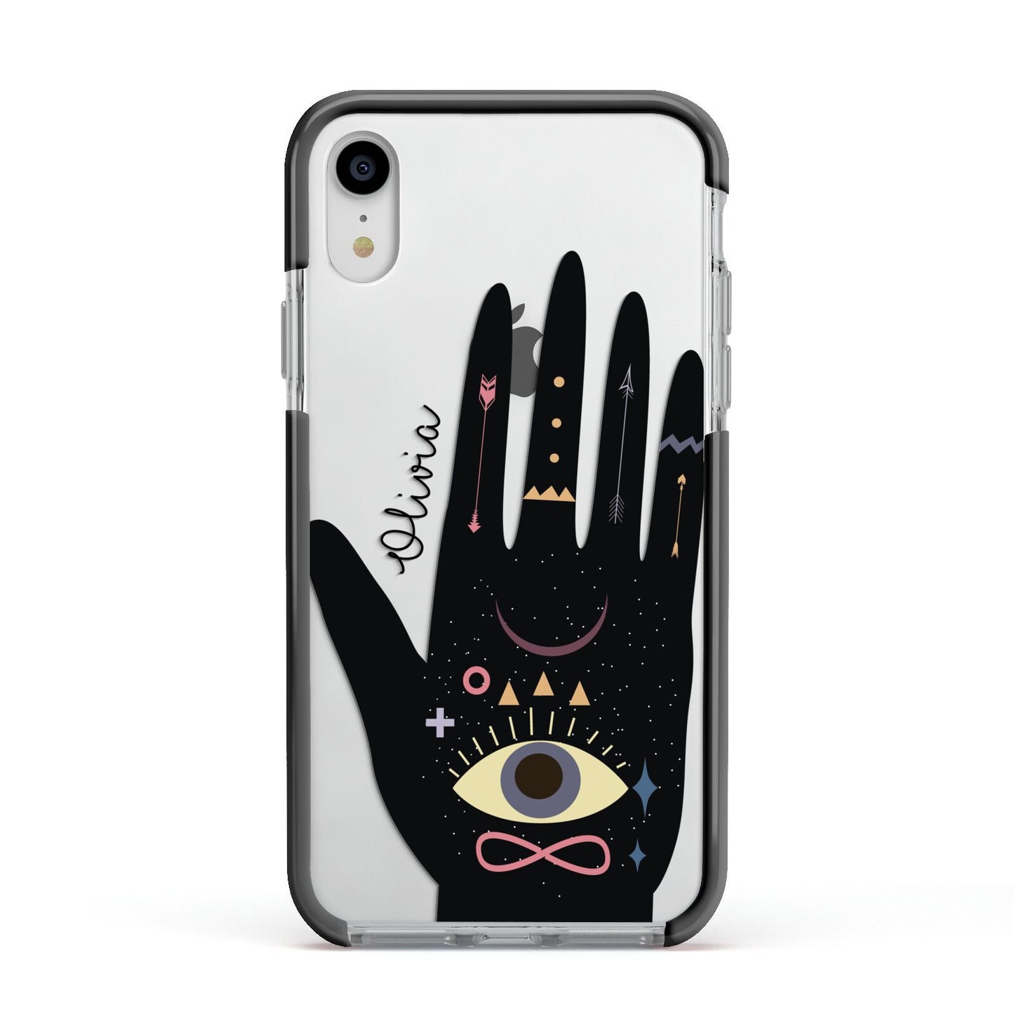 Celestial Hand with Text Apple iPhone XR Impact Case Black Edge on Silver Phone