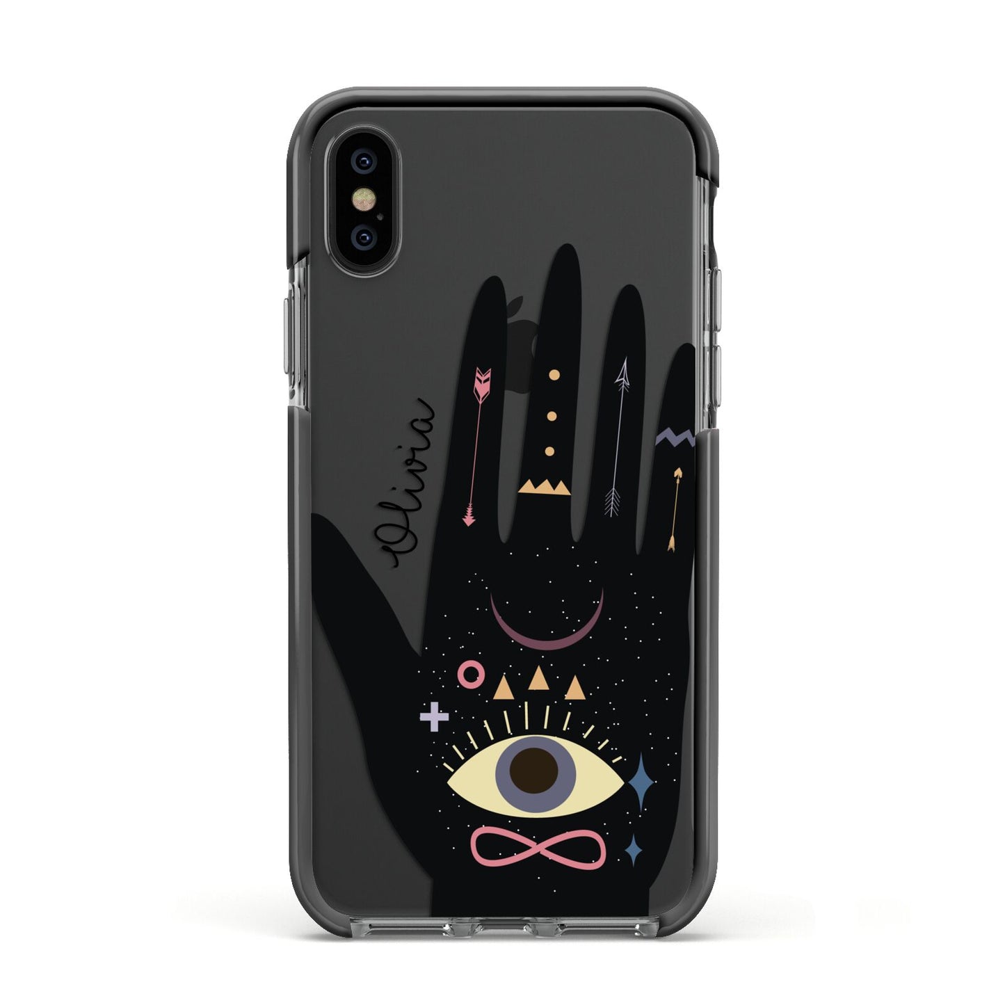 Celestial Hand with Text Apple iPhone Xs Impact Case Black Edge on Black Phone