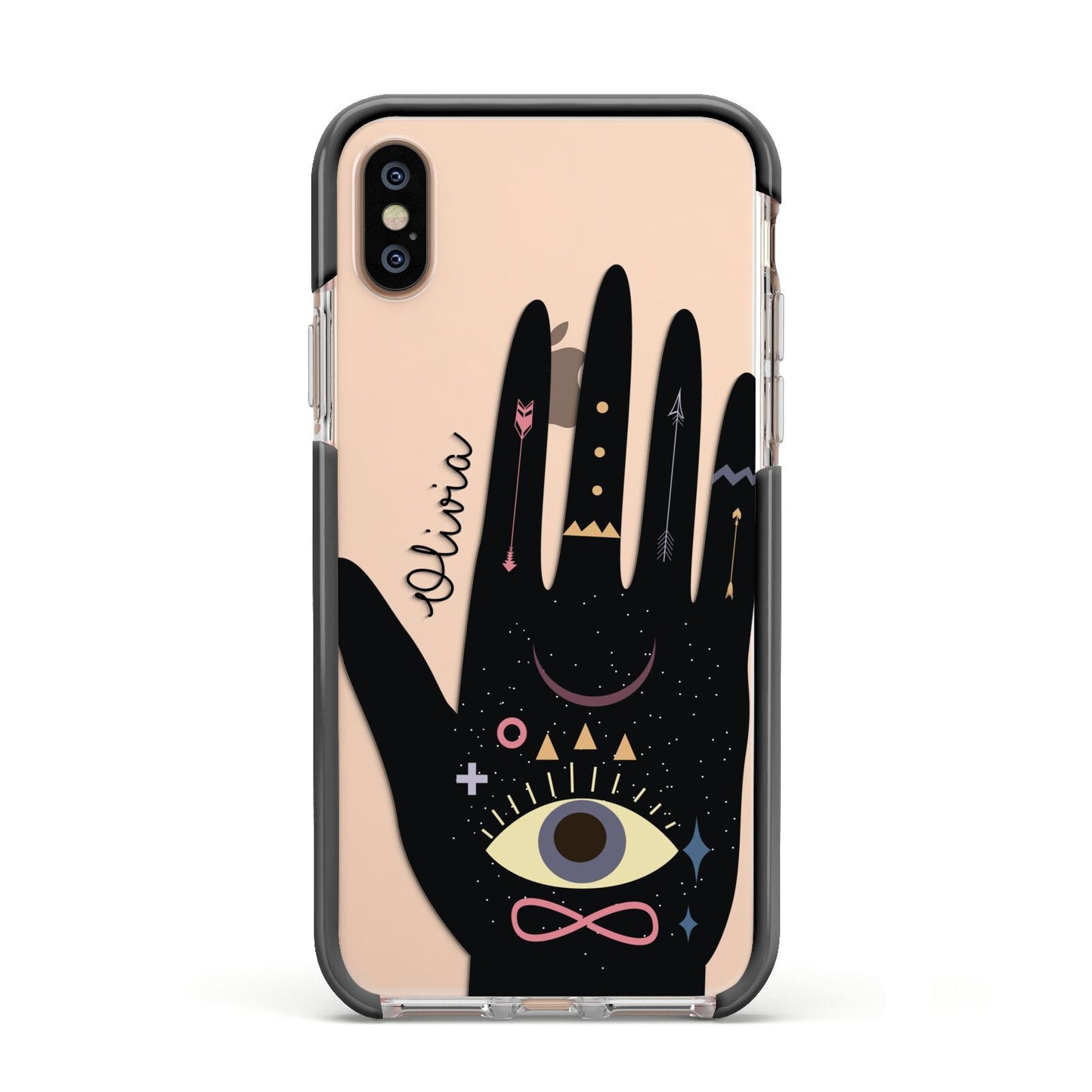 Celestial Hand with Text Apple iPhone Xs Impact Case Black Edge on Gold Phone