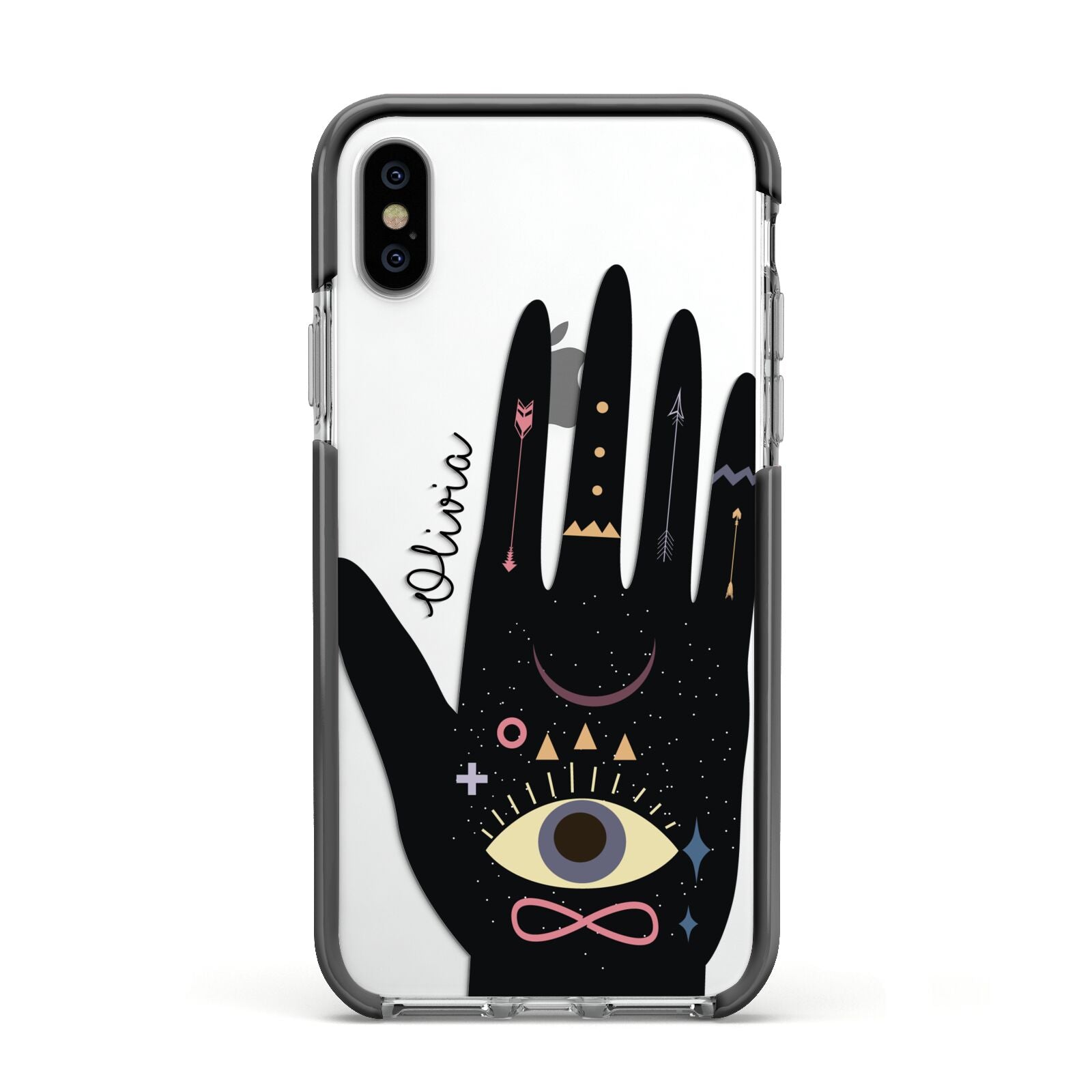 Celestial Hand with Text Apple iPhone Xs Impact Case Black Edge on Silver Phone