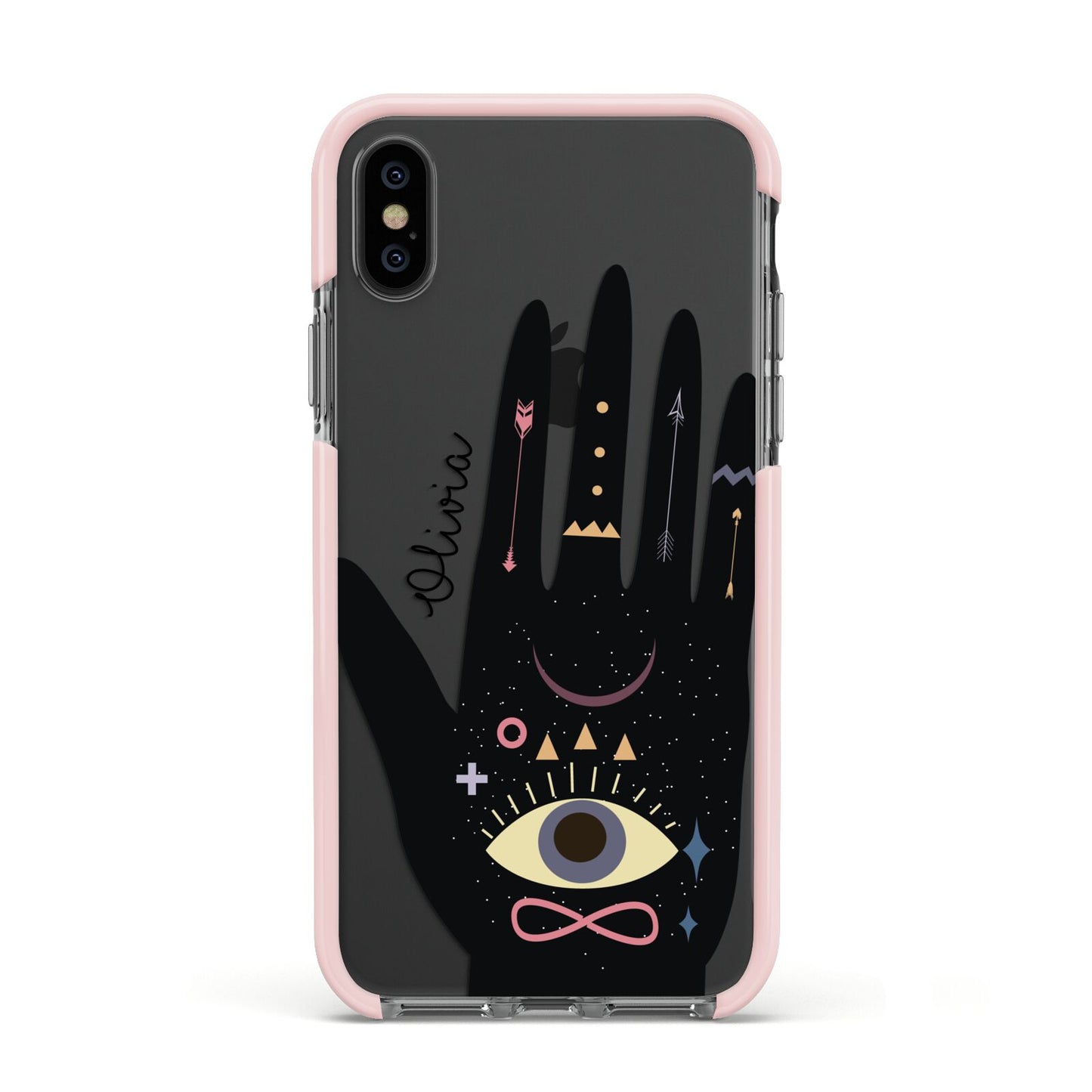 Celestial Hand with Text Apple iPhone Xs Impact Case Pink Edge on Black Phone