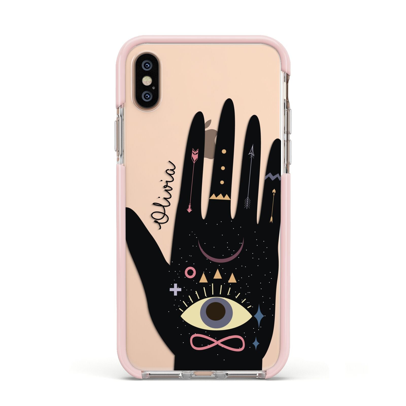 Celestial Hand with Text Apple iPhone Xs Impact Case Pink Edge on Gold Phone