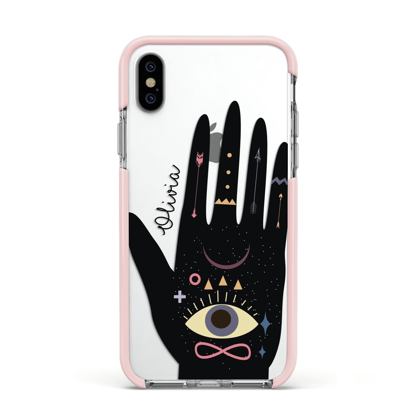 Celestial Hand with Text Apple iPhone Xs Impact Case Pink Edge on Silver Phone