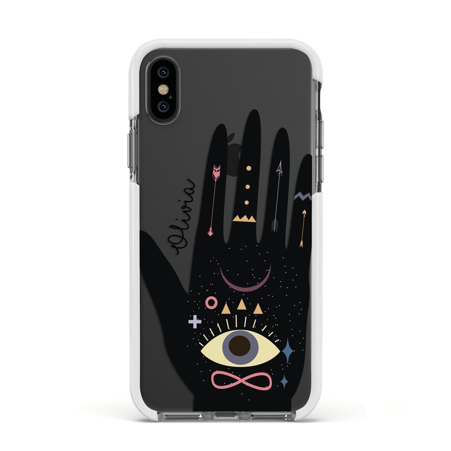 Celestial Hand with Text Apple iPhone Xs Impact Case White Edge on Black Phone