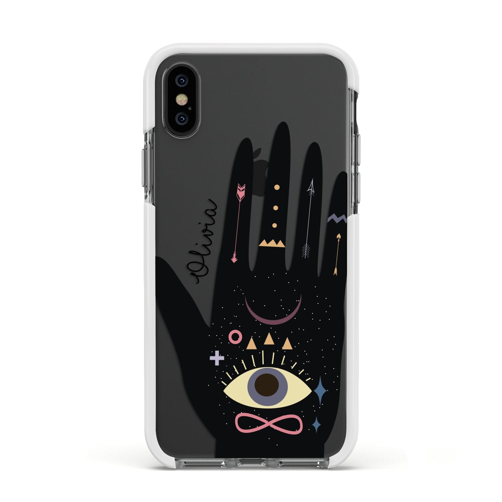 Celestial Hand with Text Apple iPhone Xs Impact Case White Edge on Black Phone