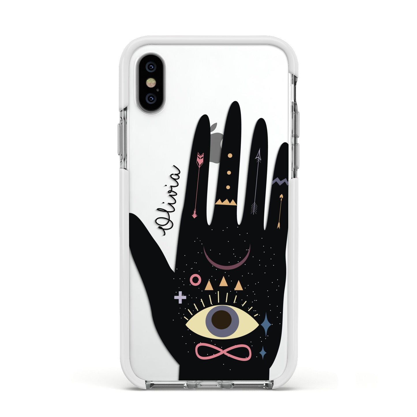 Celestial Hand with Text Apple iPhone Xs Impact Case White Edge on Silver Phone