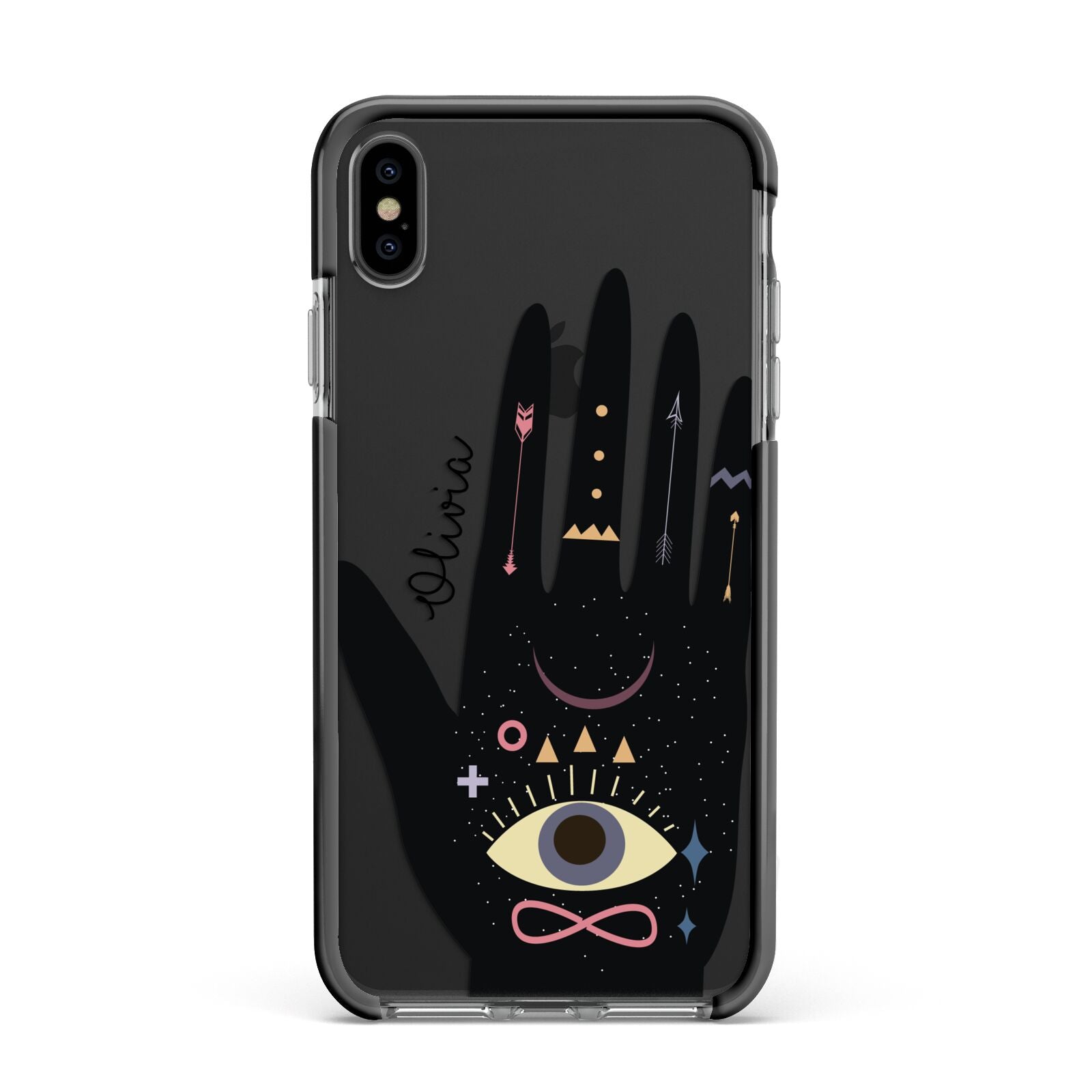 Celestial Hand with Text Apple iPhone Xs Max Impact Case Black Edge on Black Phone