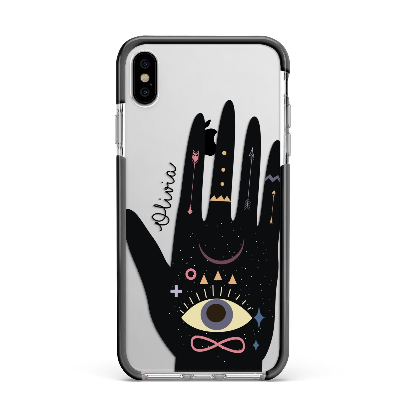 Celestial Hand with Text Apple iPhone Xs Max Impact Case Black Edge on Silver Phone