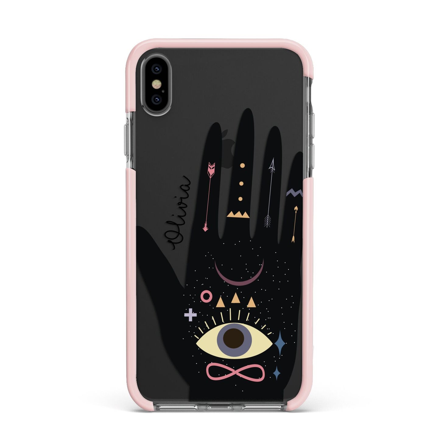 Celestial Hand with Text Apple iPhone Xs Max Impact Case Pink Edge on Black Phone