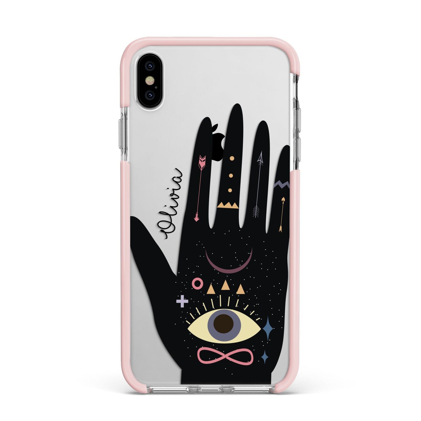 Celestial Hand with Text Apple iPhone Xs Max Impact Case Pink Edge on Silver Phone