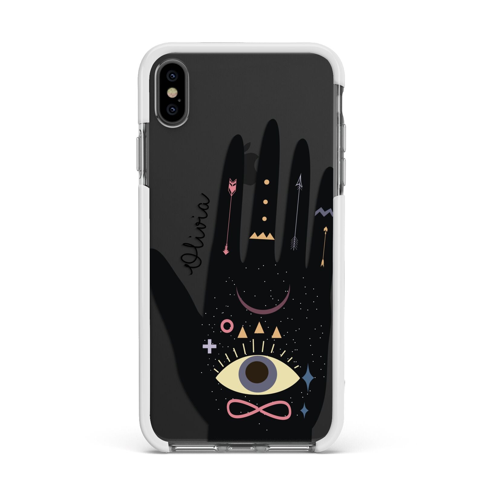 Celestial Hand with Text Apple iPhone Xs Max Impact Case White Edge on Black Phone