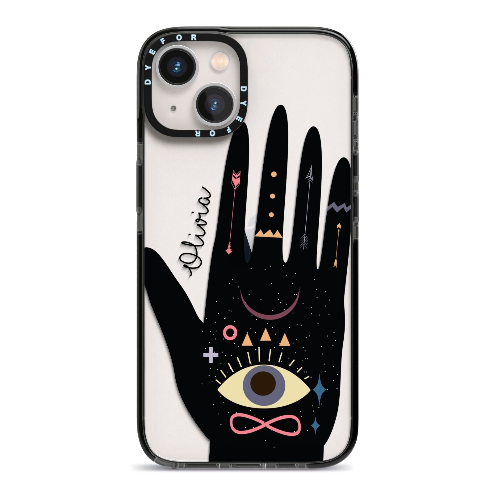 Celestial Hand with Text iPhone 13 Black Impact Case on Silver phone