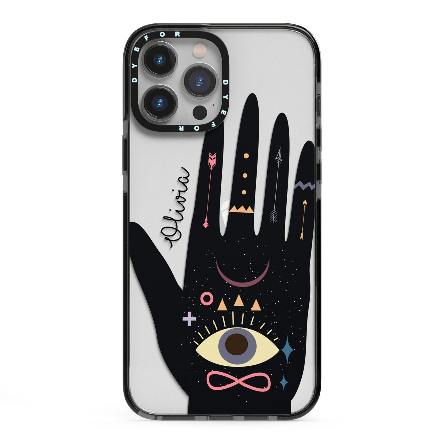 Celestial Hand with Text iPhone 13 Pro Max Black Impact Case on Silver phone