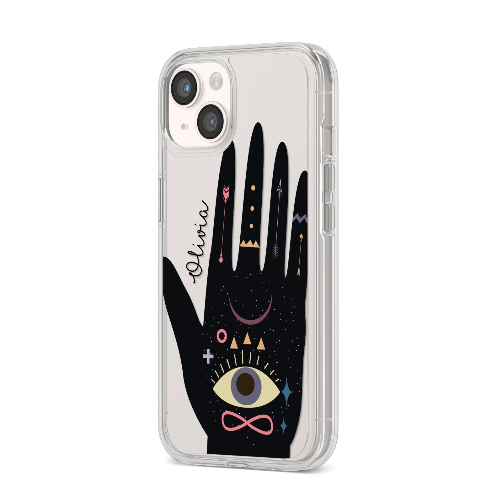 Celestial Hand with Text iPhone 14 Clear Tough Case Starlight Angled Image