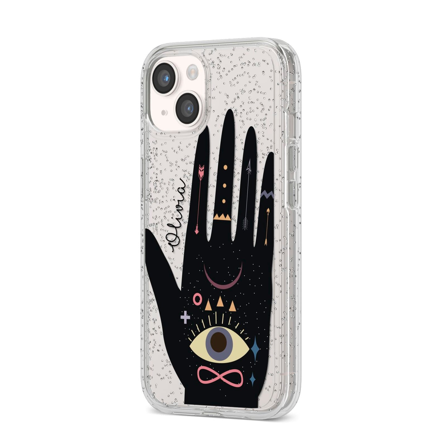 Celestial Hand with Text iPhone 14 Glitter Tough Case Starlight Angled Image