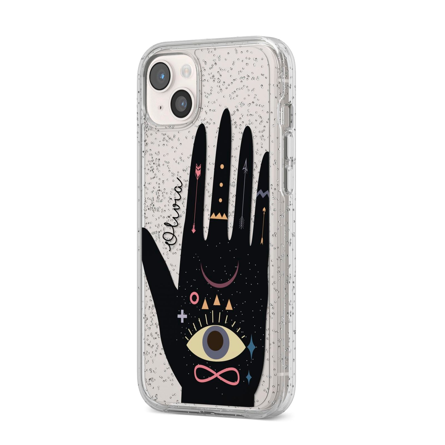 Celestial Hand with Text iPhone 14 Plus Glitter Tough Case Starlight Angled Image