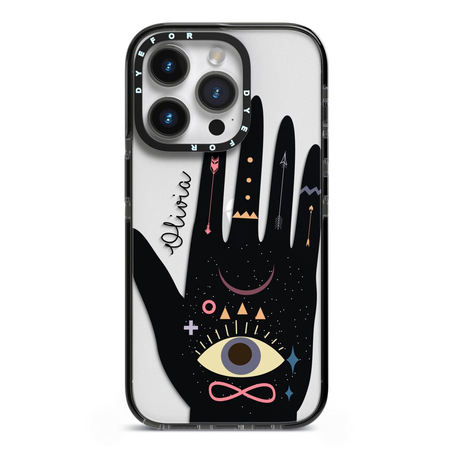 Celestial Hand with Text iPhone 14 Pro Black Impact Case on Silver phone