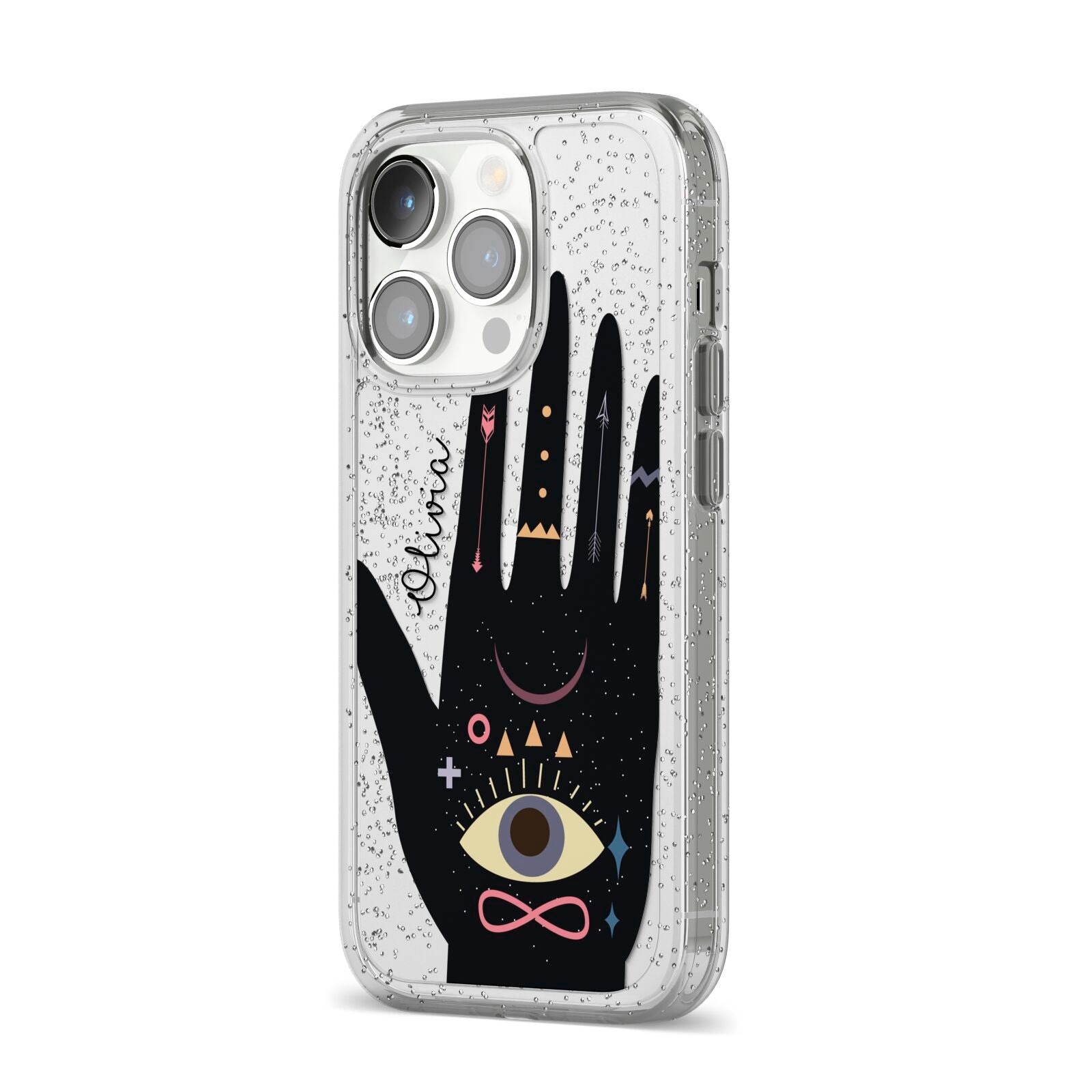 Celestial Hand with Text iPhone 14 Pro Glitter Tough Case Silver Angled Image