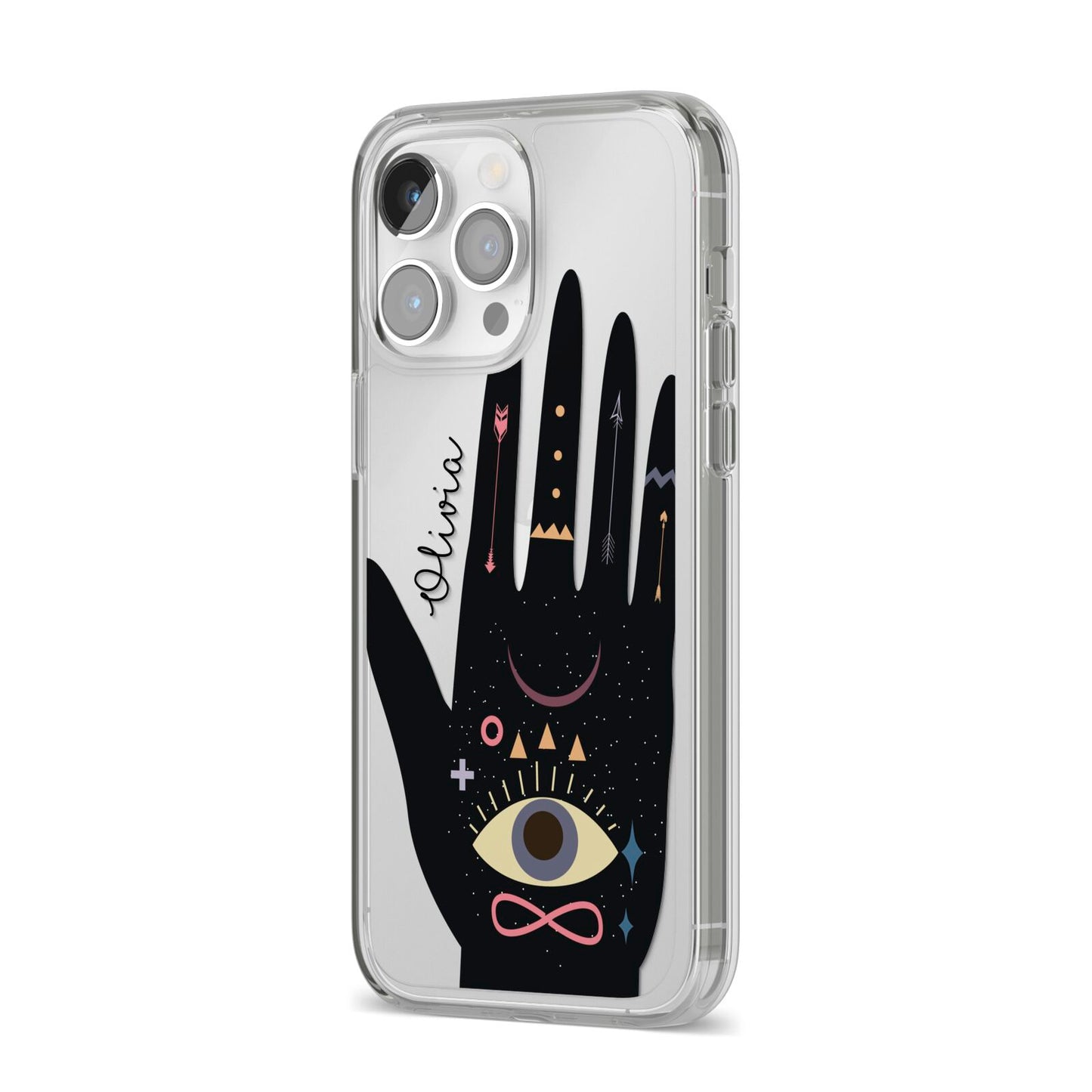 Celestial Hand with Text iPhone 14 Pro Max Clear Tough Case Silver Angled Image