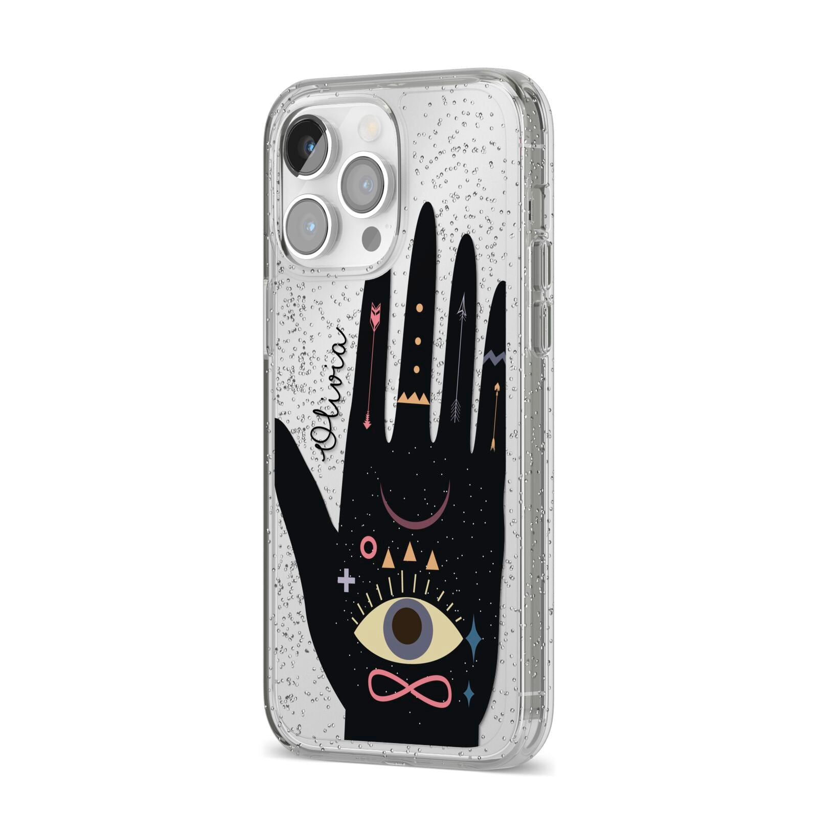 Celestial Hand with Text iPhone 14 Pro Max Glitter Tough Case Silver Angled Image