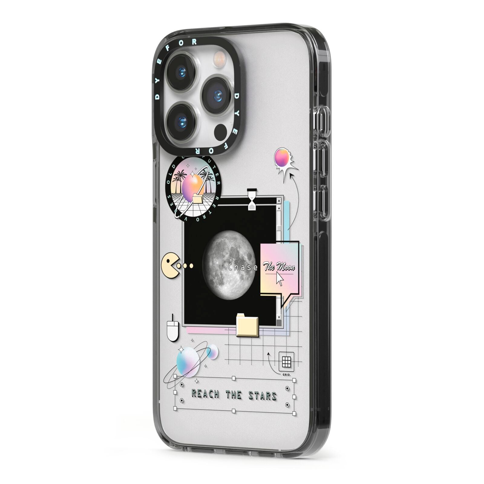 Chase The Moon iPhone 13 Pro Black Impact Case Side Angle on Silver phone