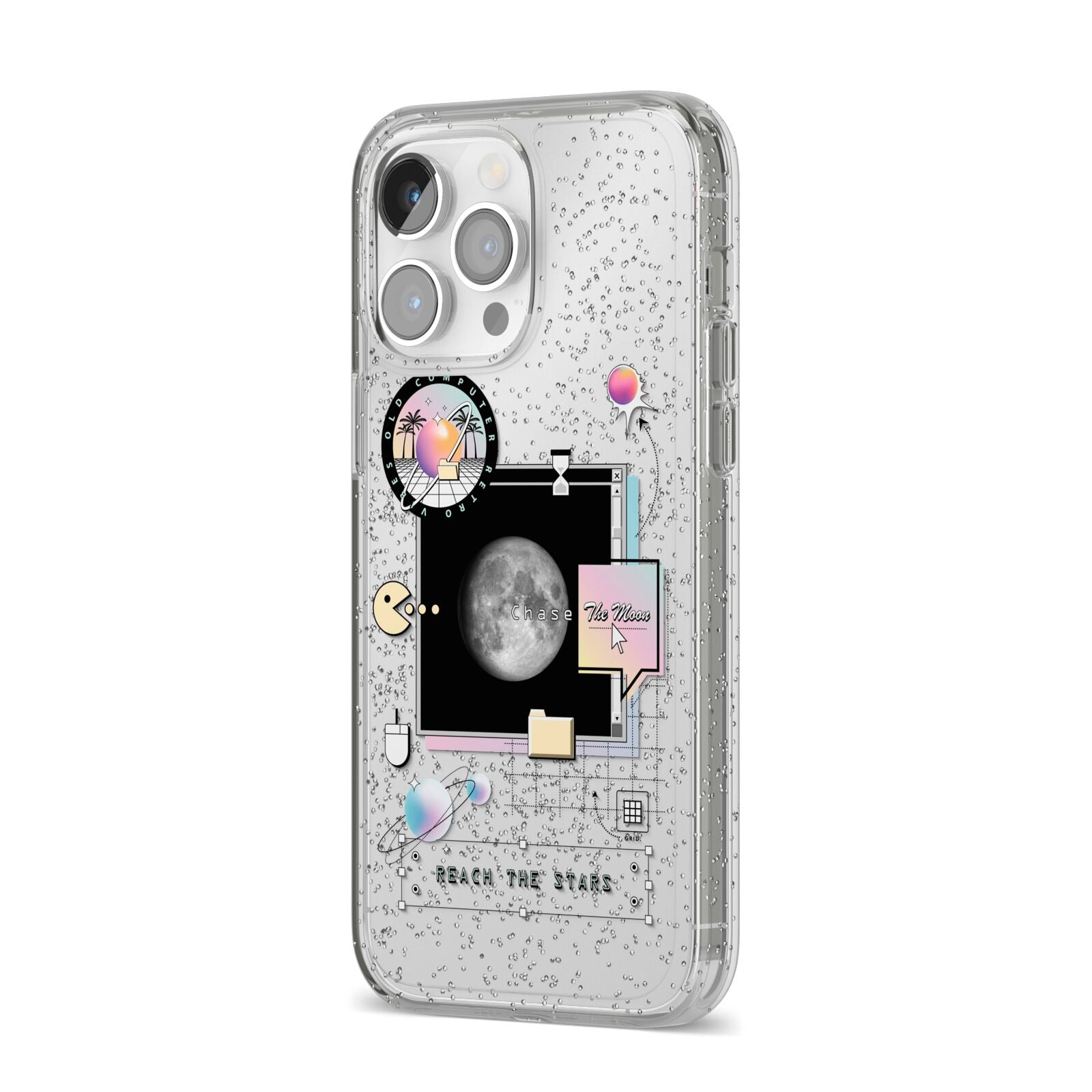 Chase The Moon iPhone 14 Pro Max Glitter Tough Case Silver Angled Image