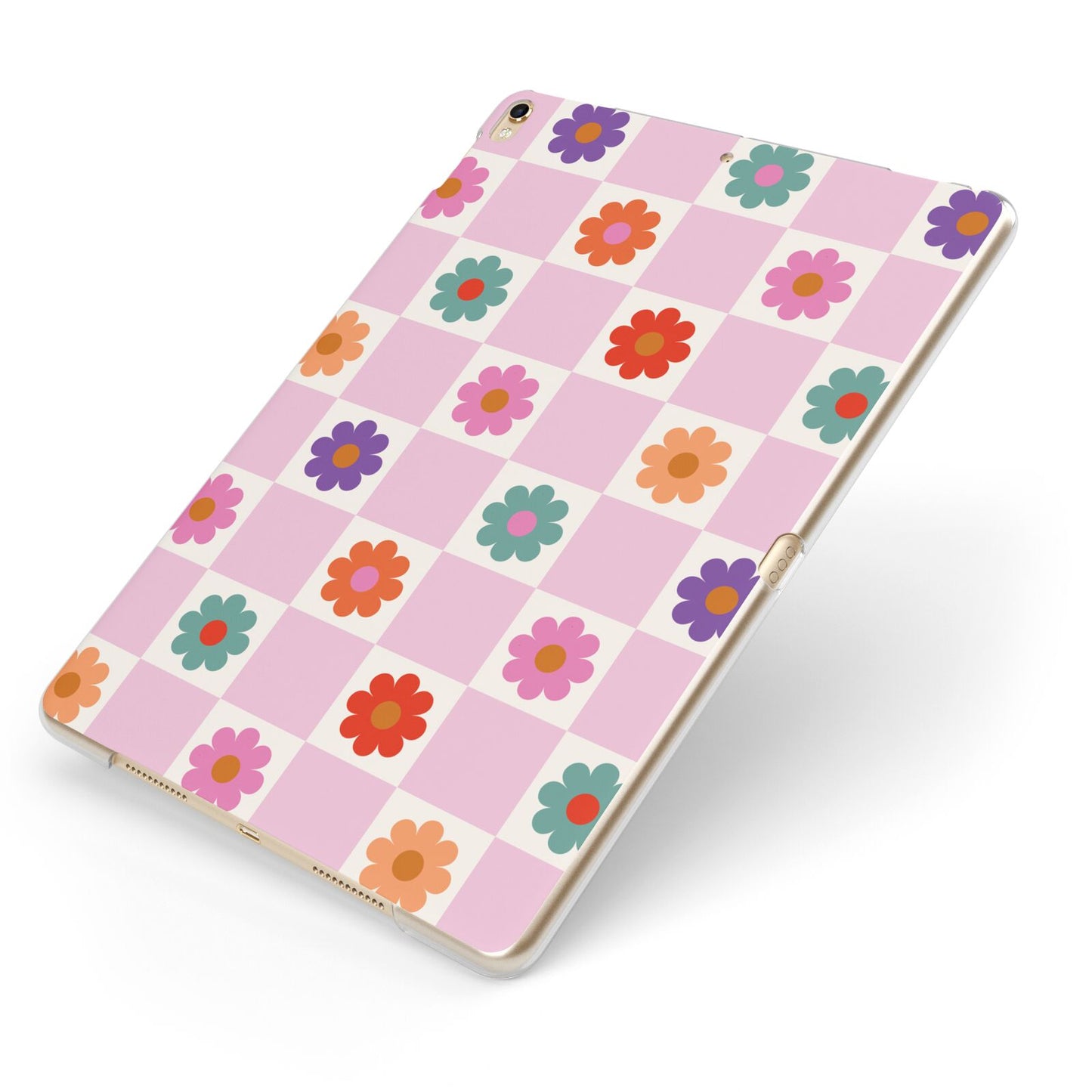 Checked flowers Apple iPad Case on Gold iPad Side View