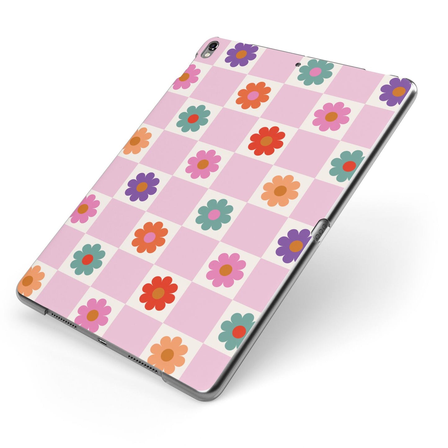 Checked flowers Apple iPad Case on Grey iPad Side View