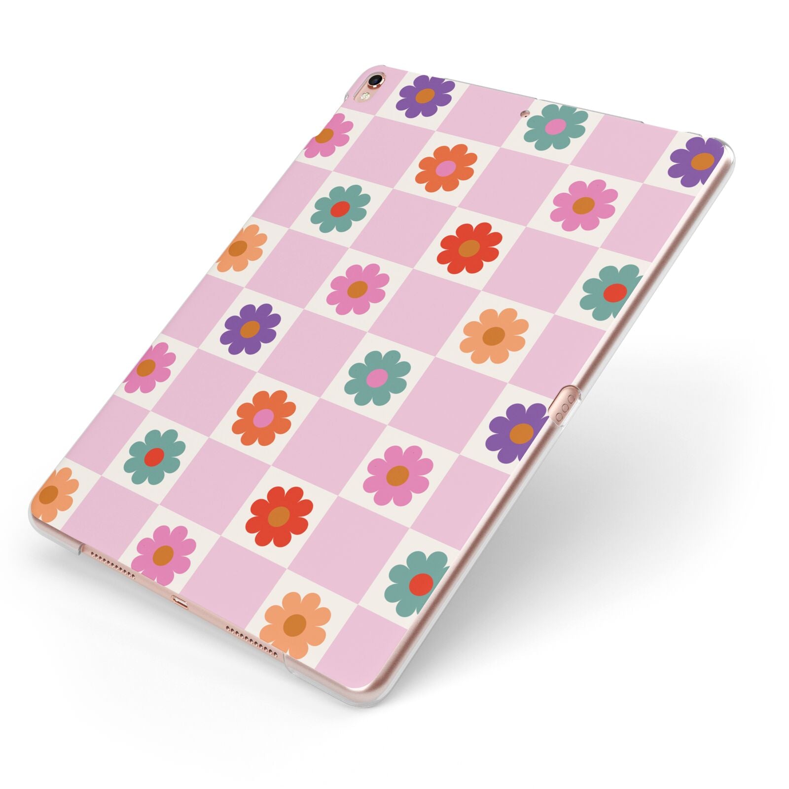 Checked flowers Apple iPad Case on Rose Gold iPad Side View