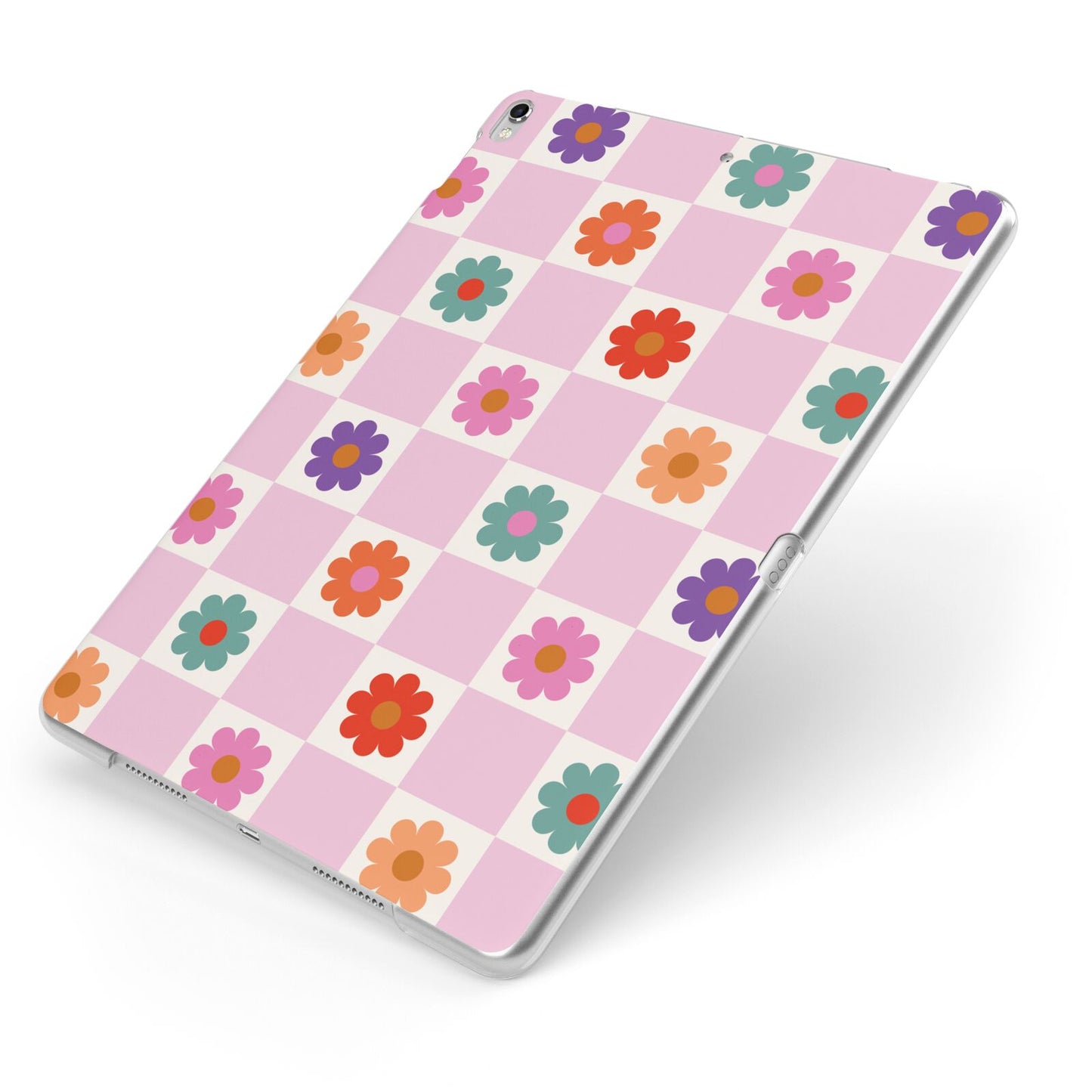 Checked flowers Apple iPad Case on Silver iPad Side View