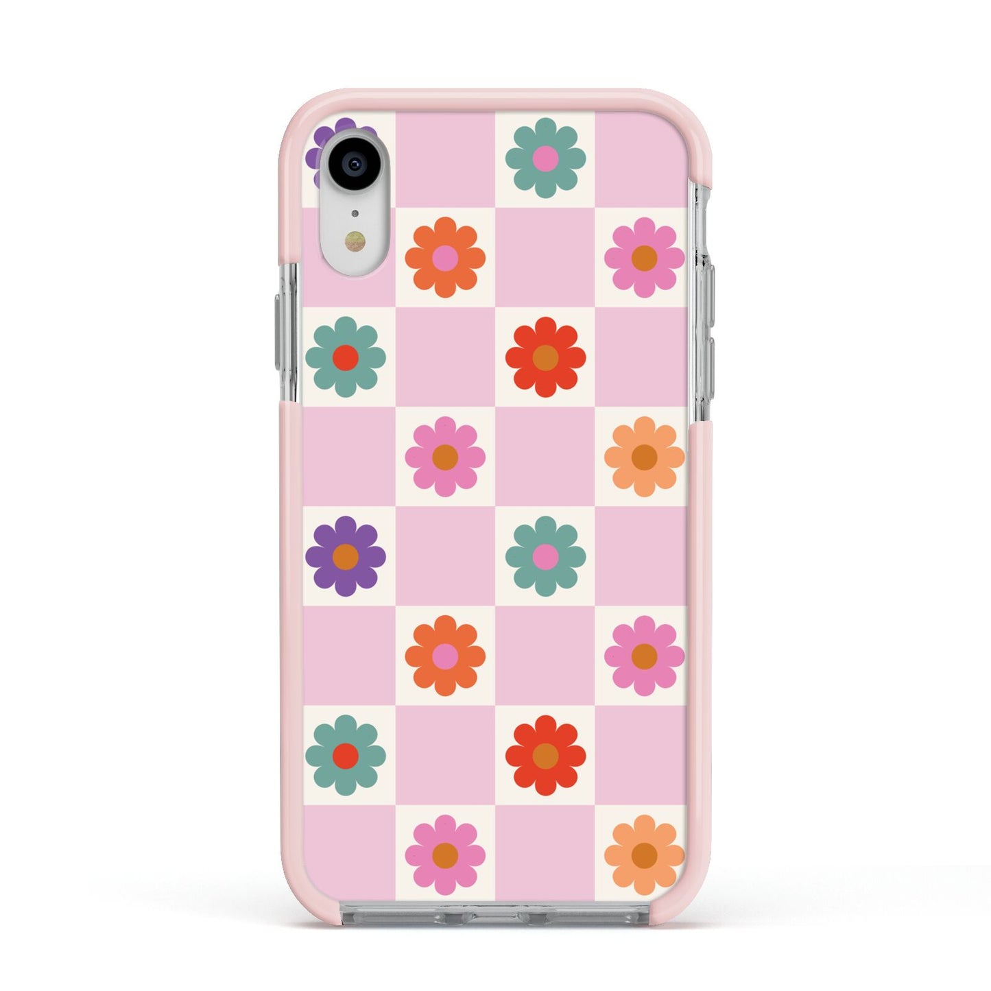 Checked flowers Apple iPhone XR Impact Case Pink Edge on Silver Phone