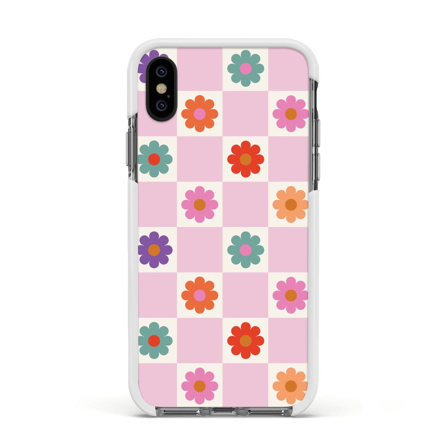 Checked flowers Apple iPhone Xs Impact Case White Edge on Black Phone