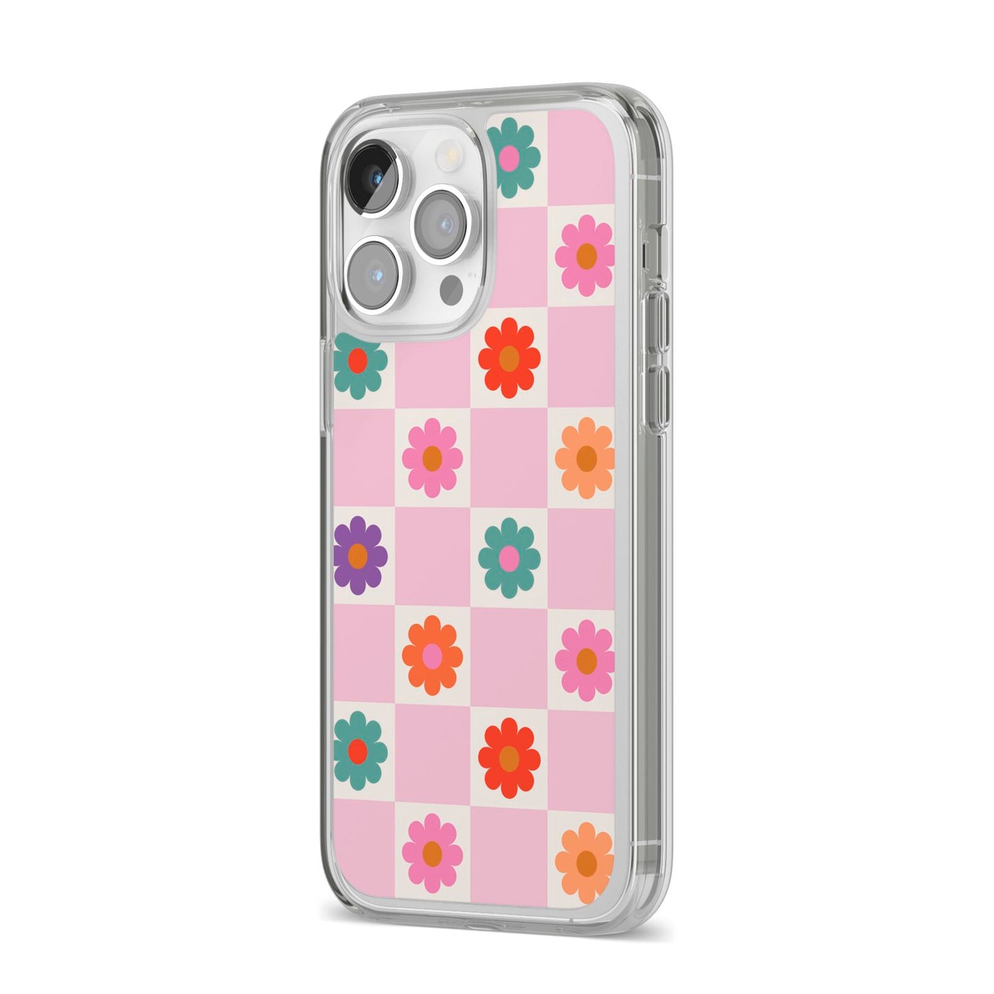 Checked flowers iPhone 14 Pro Max Clear Tough Case Silver Angled Image