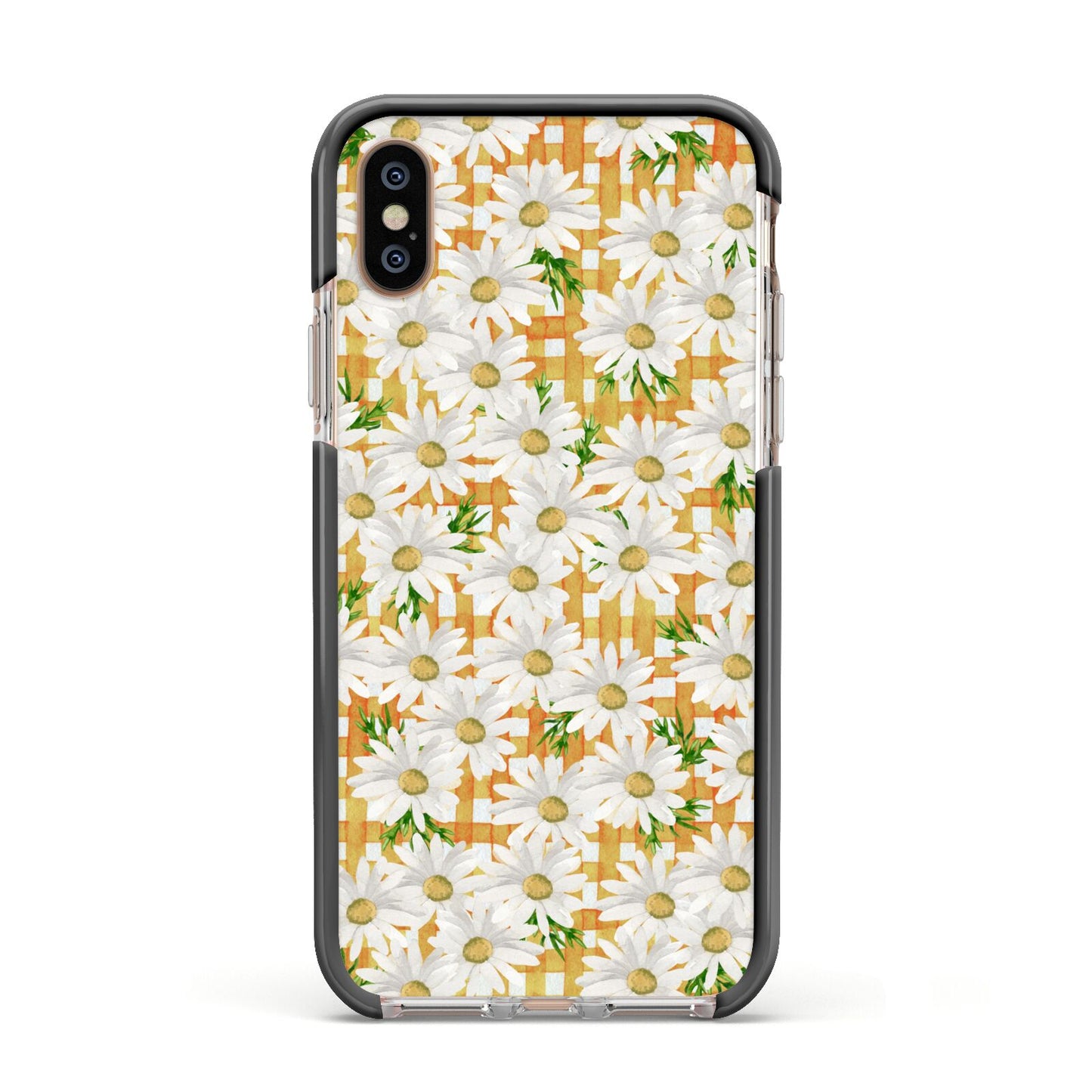 Checkered Daisy Apple iPhone Xs Impact Case Black Edge on Gold Phone